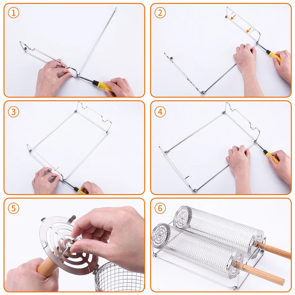 BBQ Basket Set Stainless Steel Rolling Grilling Basket Wire Mesh Cylinder Grill Basket Outdoor Camping BBQ Rack with Wood Handle