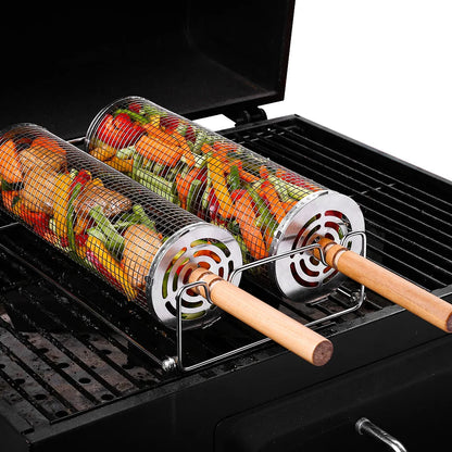 BBQ Basket Set Stainless Steel Rolling Grilling Basket Wire Mesh Cylinder Grill Basket Outdoor Camping BBQ Rack with Wood Handle