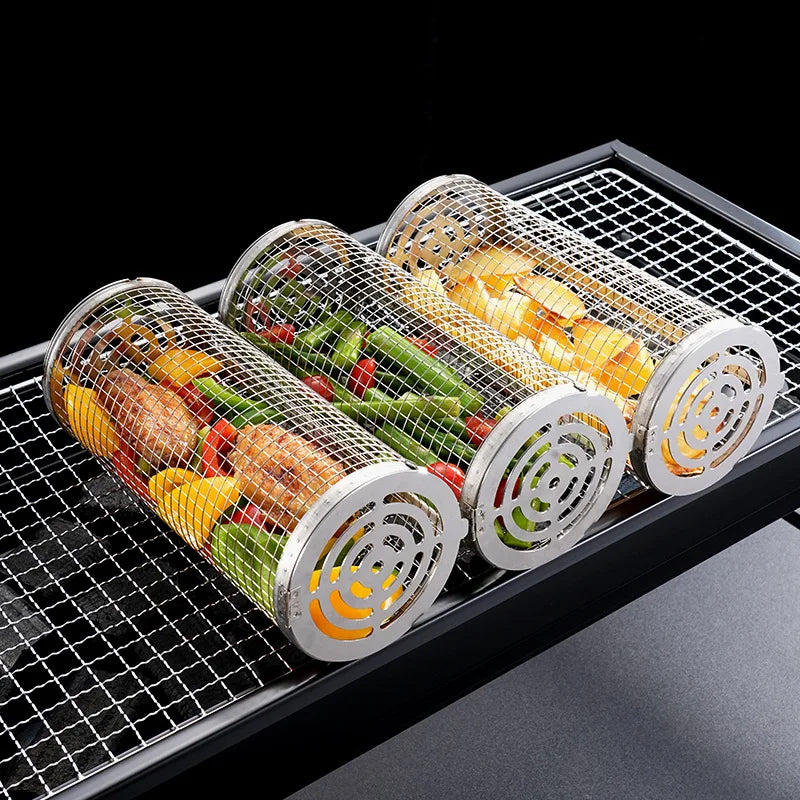 BBQ Basket Set Stainless Steel Rolling Grilling Basket Wire Mesh Cylinder Grill Basket Outdoor Camping BBQ Rack with Wood Handle