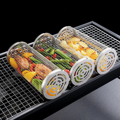 BBQ Basket Set Stainless Steel Rolling Grilling Basket Wire Mesh Cylinder Grill Basket Outdoor Camping BBQ Rack with Wood Handle
