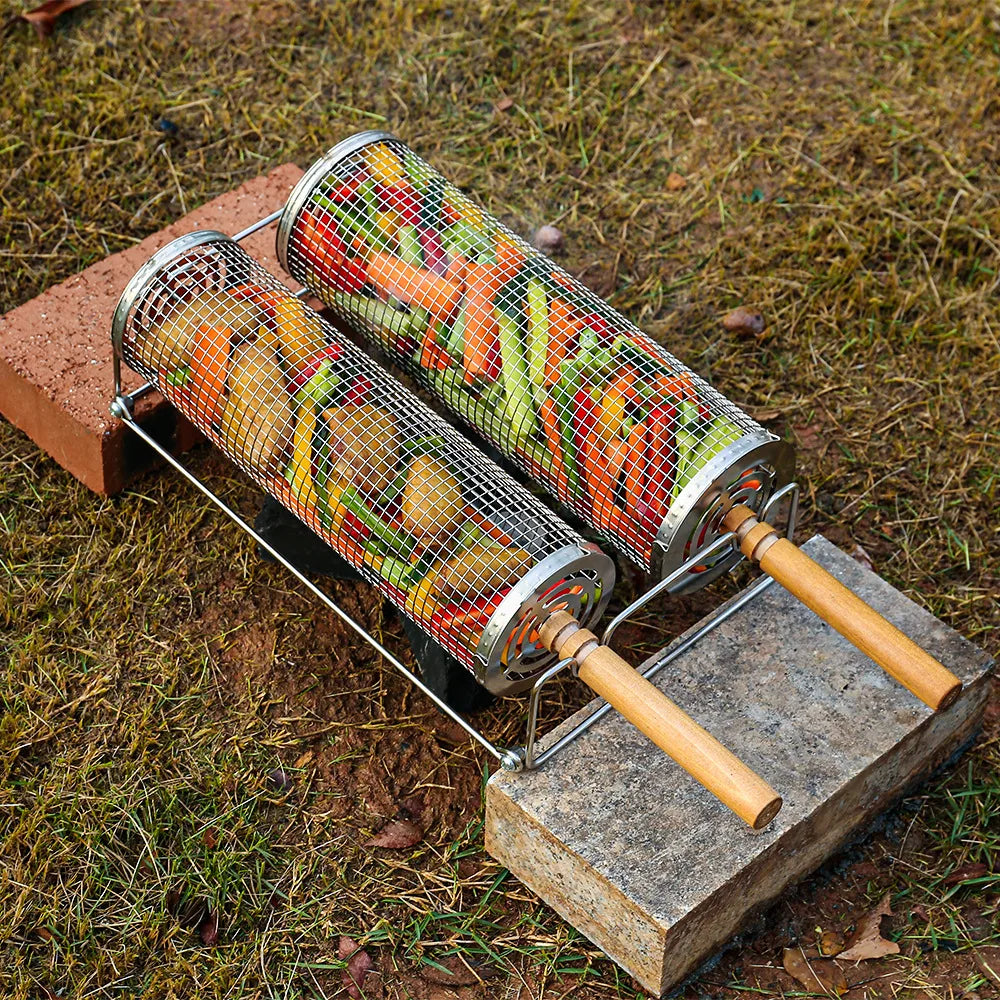 BBQ Basket Set Stainless Steel Rolling Grilling Basket Wire Mesh Cylinder Grill Basket Outdoor Camping BBQ Rack with Wood Handle