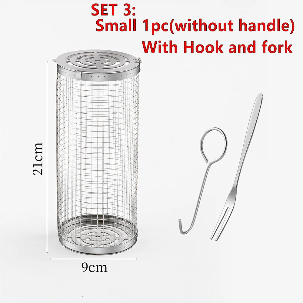 BBQ Basket Set Stainless Steel Rolling Grilling Basket Wire Mesh Cylinder Grill Basket Outdoor Camping BBQ Rack with Wood Handle