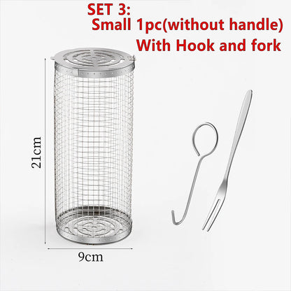 BBQ Basket Set Stainless Steel Rolling Grilling Basket Wire Mesh Cylinder Grill Basket Outdoor Camping BBQ Rack with Wood Handle
