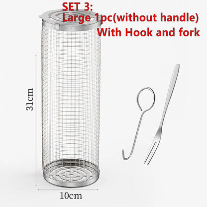BBQ Basket Set Stainless Steel Rolling Grilling Basket Wire Mesh Cylinder Grill Basket Outdoor Camping BBQ Rack with Wood Handle