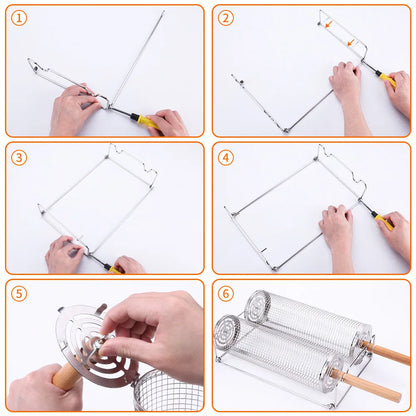 BBQ Basket Set Stainless Steel Rolling Grilling Basket Wire Mesh Cylinder Grill Basket Outdoor Camping BBQ Rack with Wood Handle