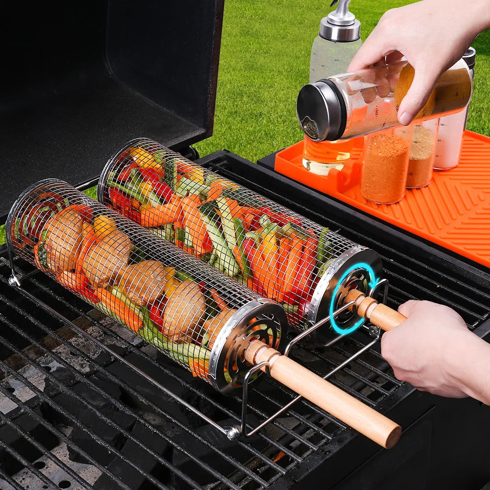 BBQ Basket Set Stainless Steel Rolling Grilling Basket Wire Mesh Cylinder Grill Basket Outdoor Camping BBQ Rack with Wood Handle